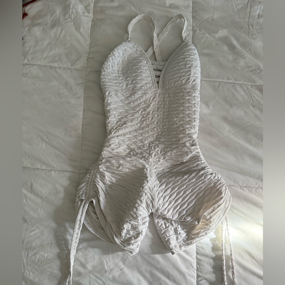 White Textured One-Piece work out Romper